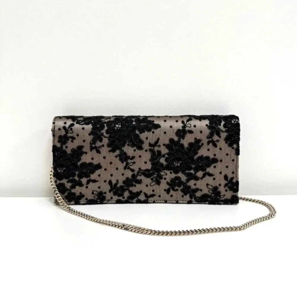 JIMMY CHOO Lilia Black Lace Gold Chain Shoulder Clutch Floral Flap Handbag